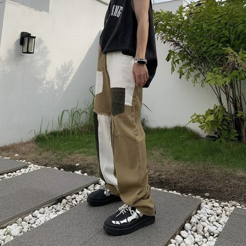 Stylish American street style hip hop jeans with a unique patchwork design for a modern look