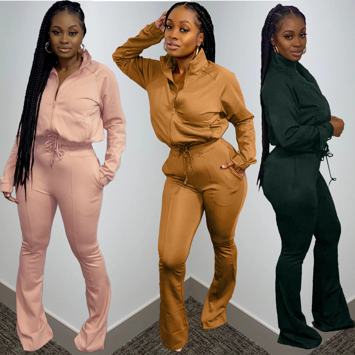 Stylish athleisure two piece set in pink, brown, and black with a flattering fit and drawstring details