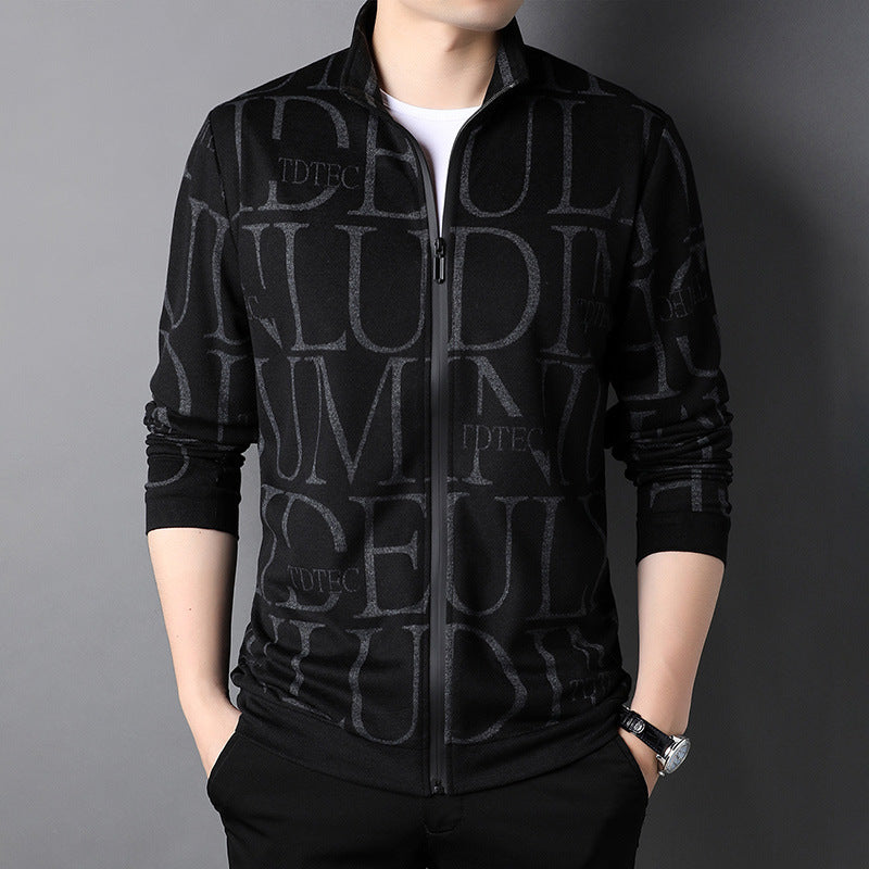 Stylish black athleisure zip jacket with a modern pattern, ideal for casual wear and workouts