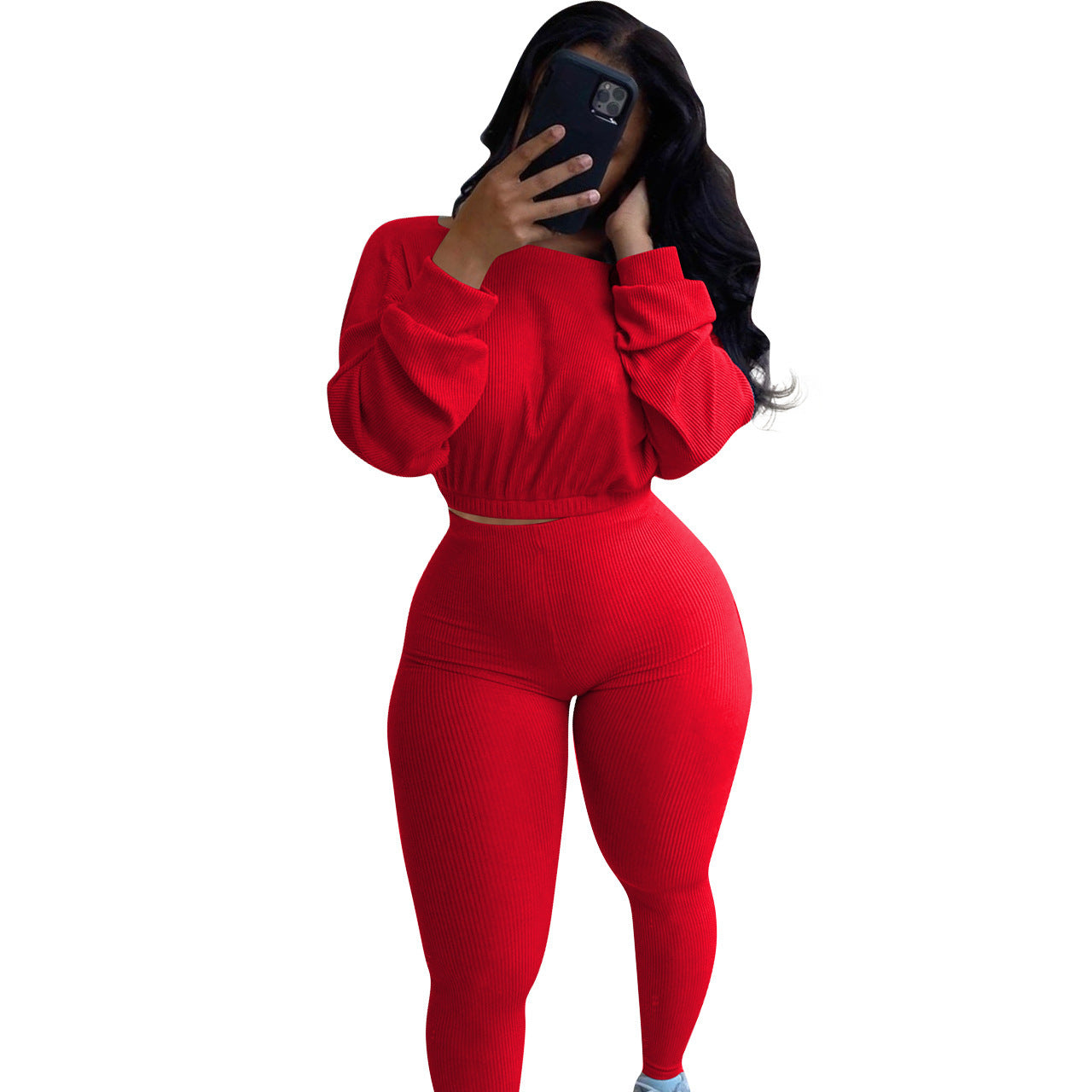 Trendy red autumn ribbed athleisure suit featuring a cropped top and fitted leggings