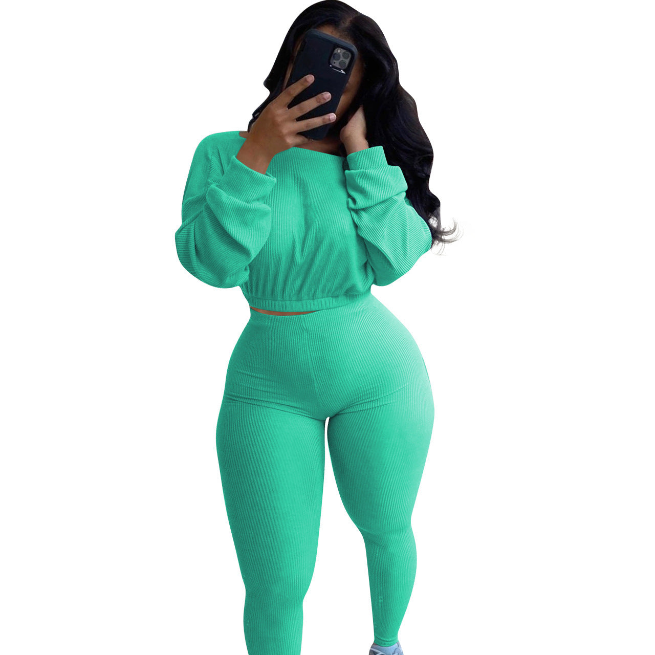 Mint Green Autumn Ribbed Athleisure Suit with Long Sleeves and High Waist Leggings