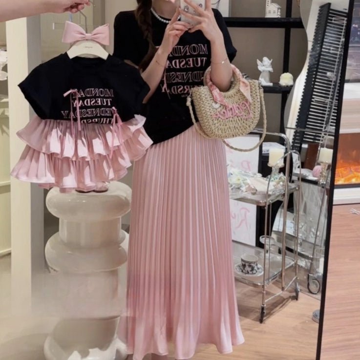 Girls' Pleated Skirt Western Style Letter T-shirt Two - piece Suit - Sophinity
