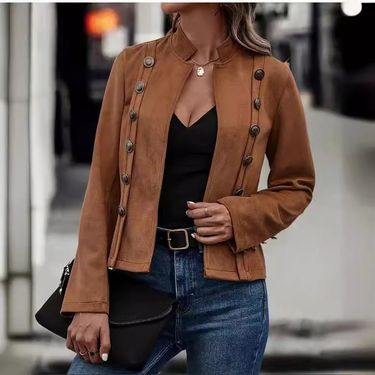 Double-row Metal Buckle Deerskin Velvet Retro Long-sleeved Coat - Sophinity