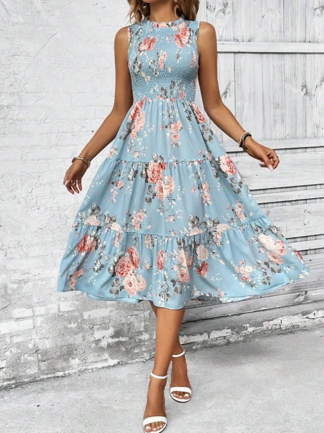 Floral Print Layered Hem Dress Maxi Vacation Beach Outfits Women - Sophinity