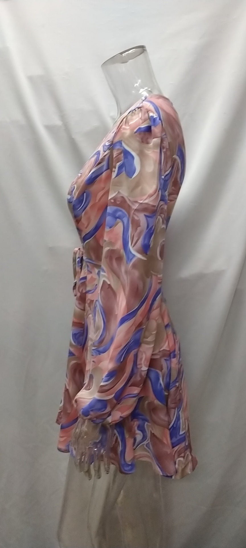 New Sexy Deep V Lace Print Lantern Sleeve Dress - Sophinity