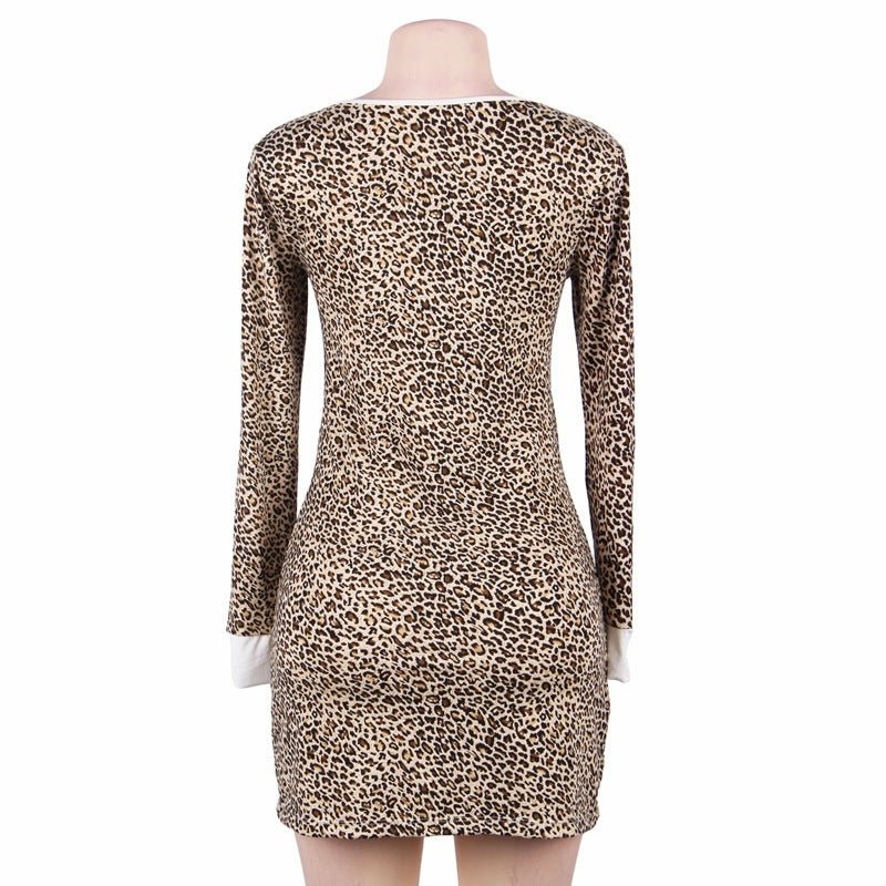 Women's Fashion Simple Leopard Print Long - sleeved Pajamas Home Nightdress - Sophinity