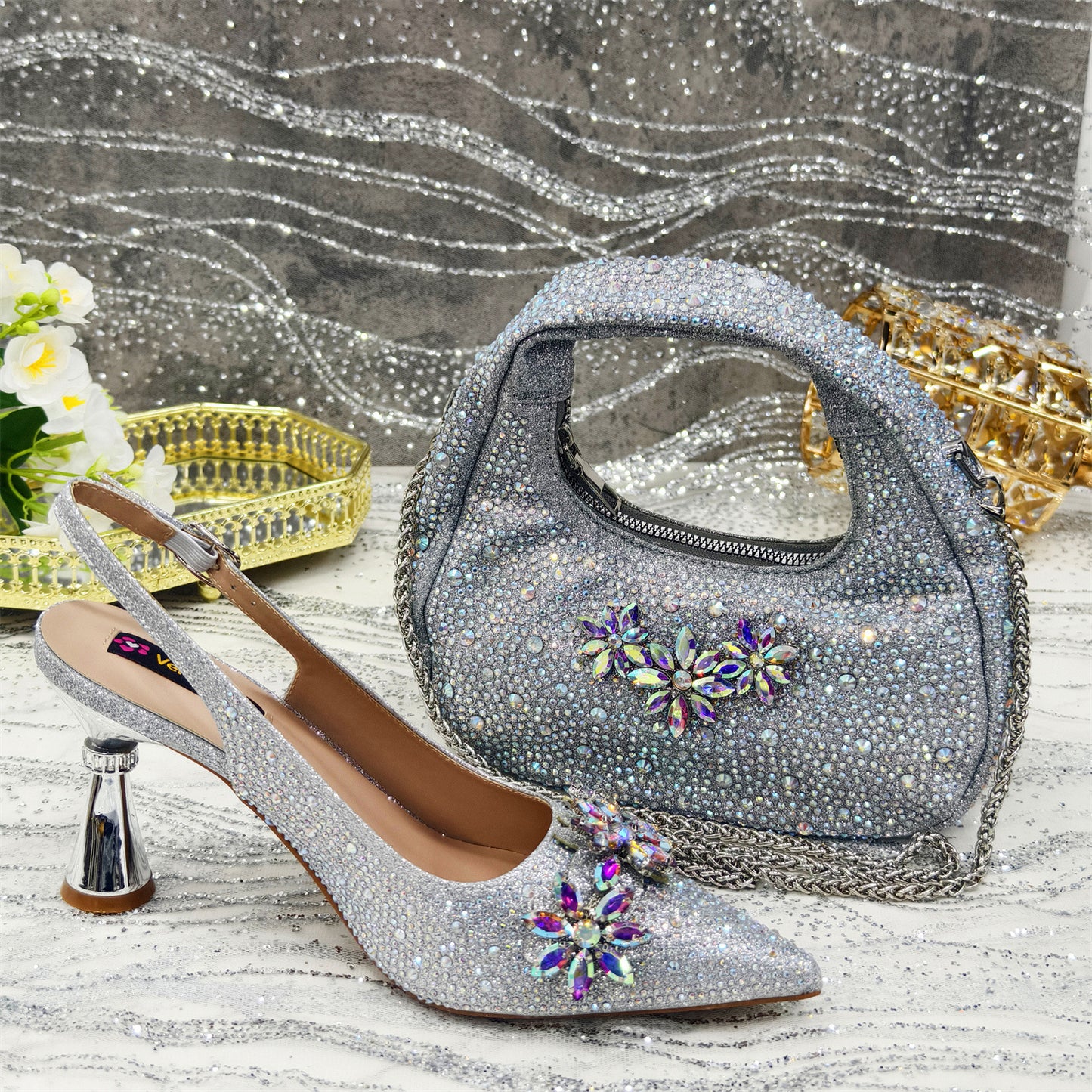 Pointed Toe High Heel Rhinestone Flower Shoes With Handbag Soft - Sophinity