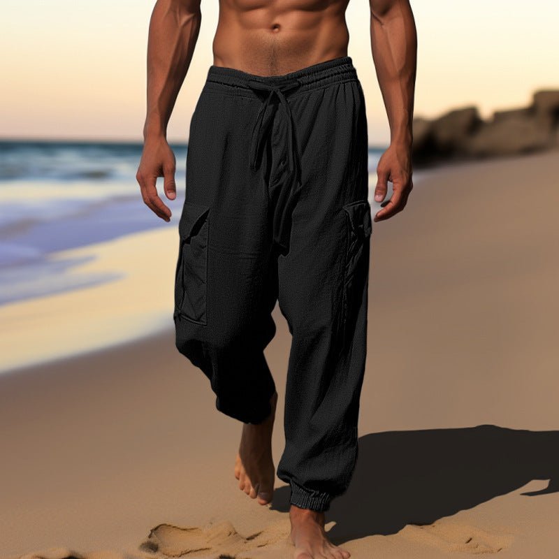 Sports Linen Leisure Trousers Thin Ankle - tied Design Multi - pocket Tether Solid Color Men Loose Cargo Pants - Sophinity