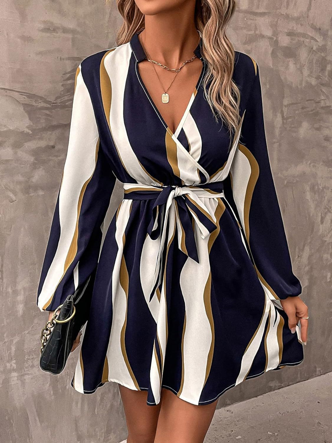 Women's Clothing Belt Printed V - neck Dress - Sophinity