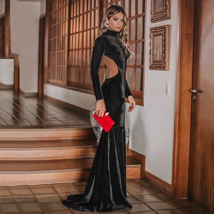 Women's Fashion Pure Black Dress Trailing Dress - Sophinity