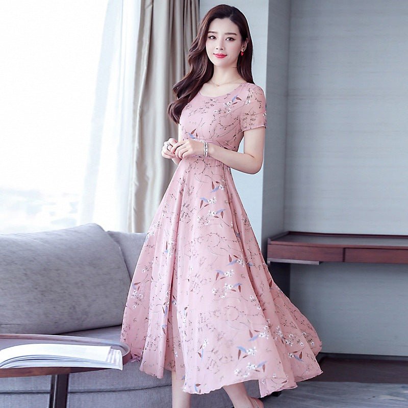 Middle - aged Ice Silk Large Swing Dress Elegant Floral Slimming Long Dress Women - Sophinity