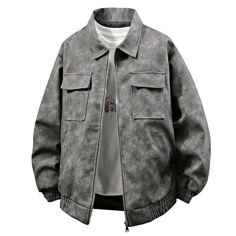 3D Stereo American Retro Hip Hop PU Leather Polo Collar Jacket - Sophinity