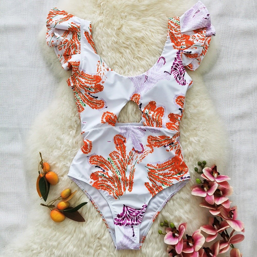 Printed Ruffle One Piece Swimming Costume Women Chiffon Maxi Dress - Sophinity