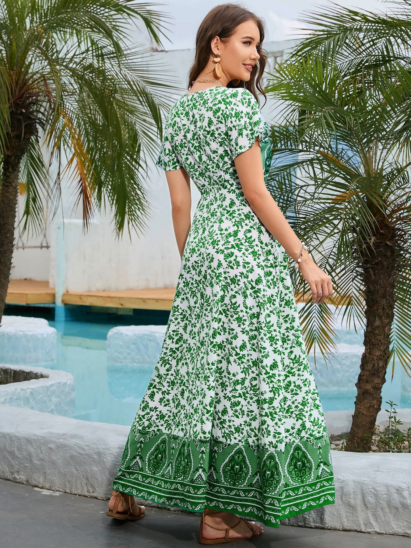 Women's V - neck Summer Bohemian Casual Short Sleeve Floral Print Maxi Dress - Sophinity
