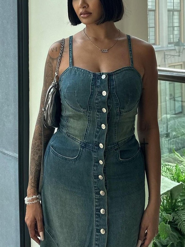 Denim Single - breasted Suspender Dress - Sophinity