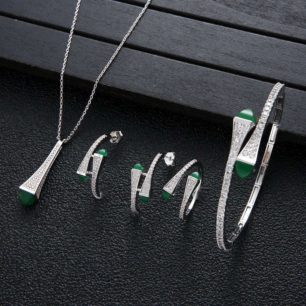 Vintage Turquoise Full Zirconium Necklace Earrings Ring Bracelet 4 Piece Set Women - Sophinity
