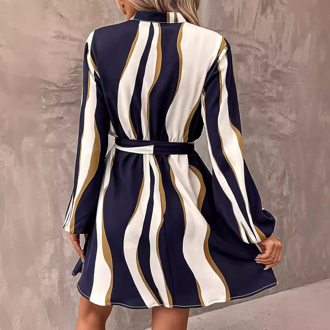 Women's Clothing Belt Printed V - neck Dress - Sophinity