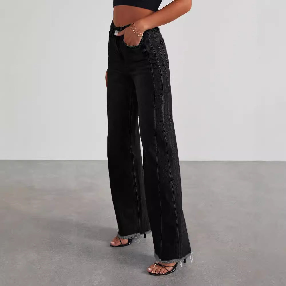 Fashion High Waist Jeans With Pockets Comfortable Slim Fit Straight Wide-leg Pants Womens Clothing - Sophinity