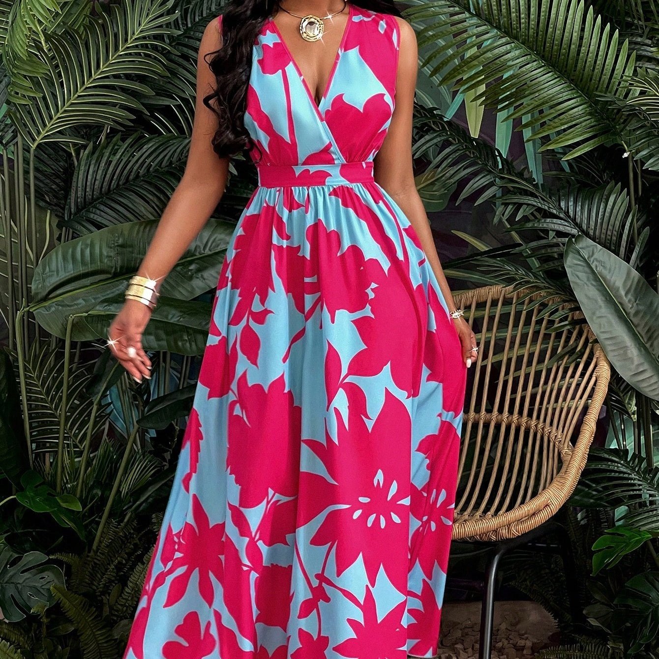 Print Deep V Neckline Cinched Waist Fit And Flare Dress Maxi Women Outfit - Sophinity