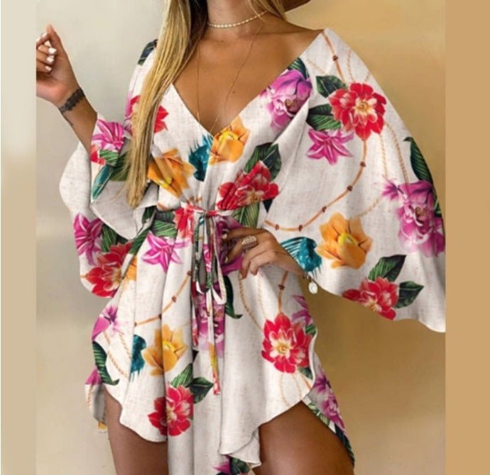 Autumn V - neck Irregular Batwing Sleeve Lace - up Dress - Sophinity
