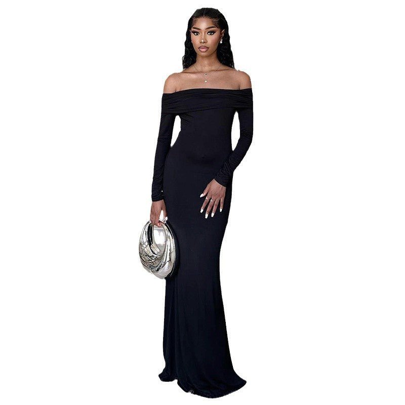 Black Off - shoulder Slim Fit Sheath Fishtail Dress - Sophinity