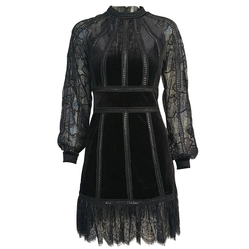 Elegant black beaded sheer dress featuring intricate lace detailing and long sleeves