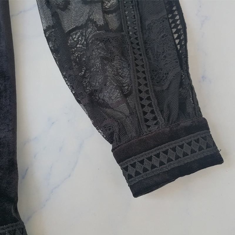 Detail of a beaded sheer dress featuring intricate lace and trim for elegant styling