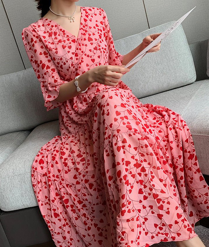 Half - flared Sleeve Vintage V - neck Style Floral Chiffon Dress - Sophinity