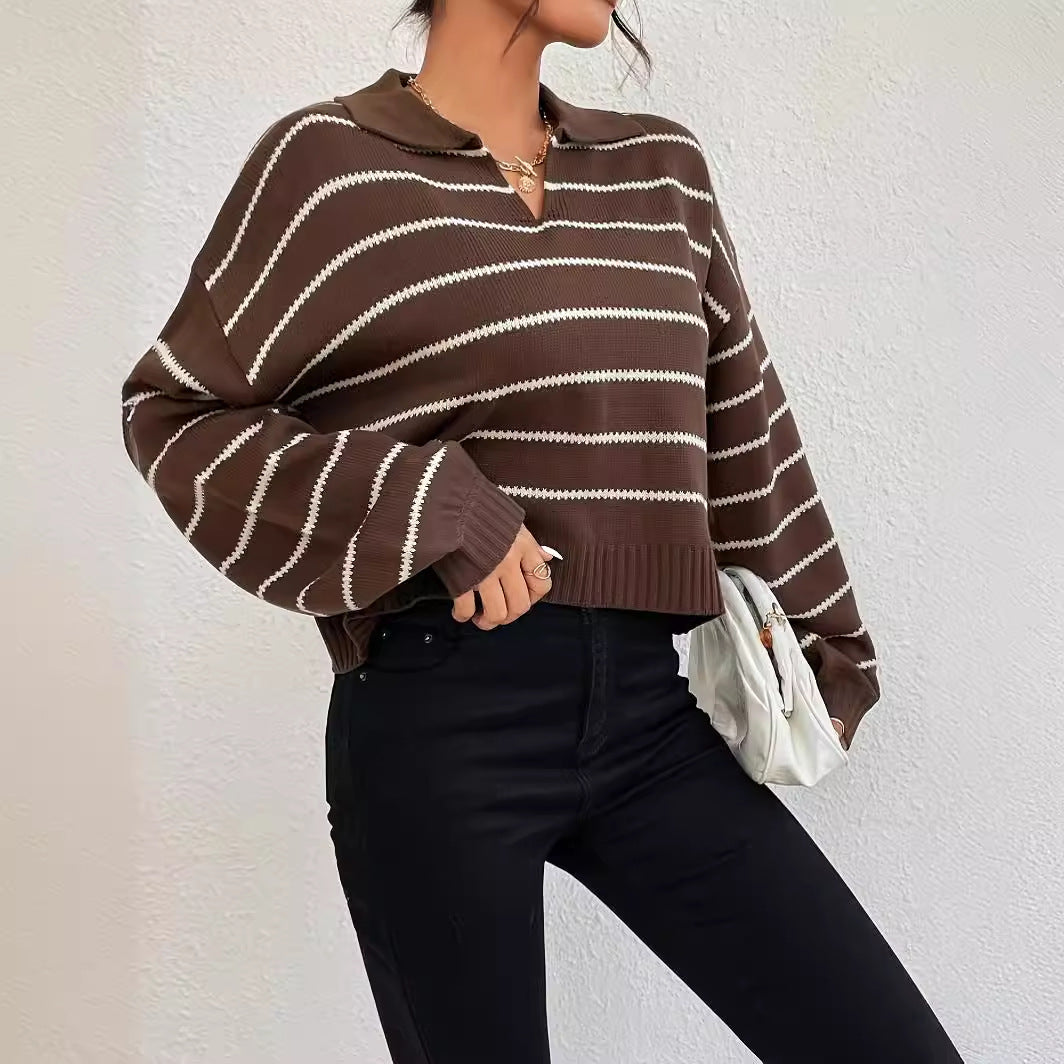 Winter Loose All-matching Striped Lapel Knitted Pullover Sweater - Sophinity