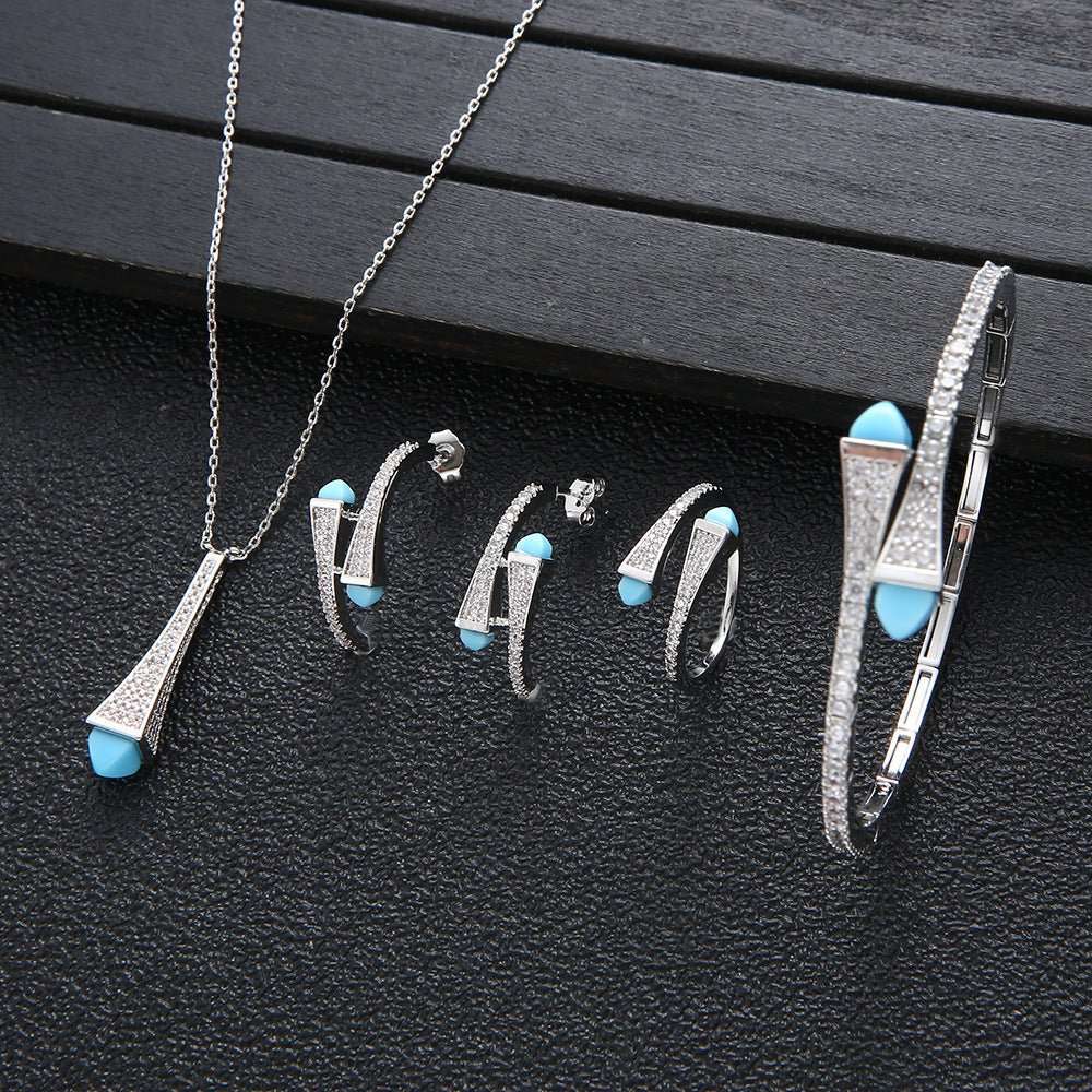 Vintage Turquoise Full Zirconium Necklace Earrings Ring Bracelet 4 Piece Set Women - Sophinity