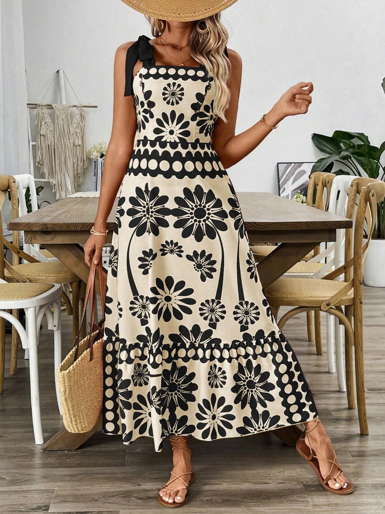 Casual Floral Print Shoulder Tie Waist Suspender Dress - Sophinity