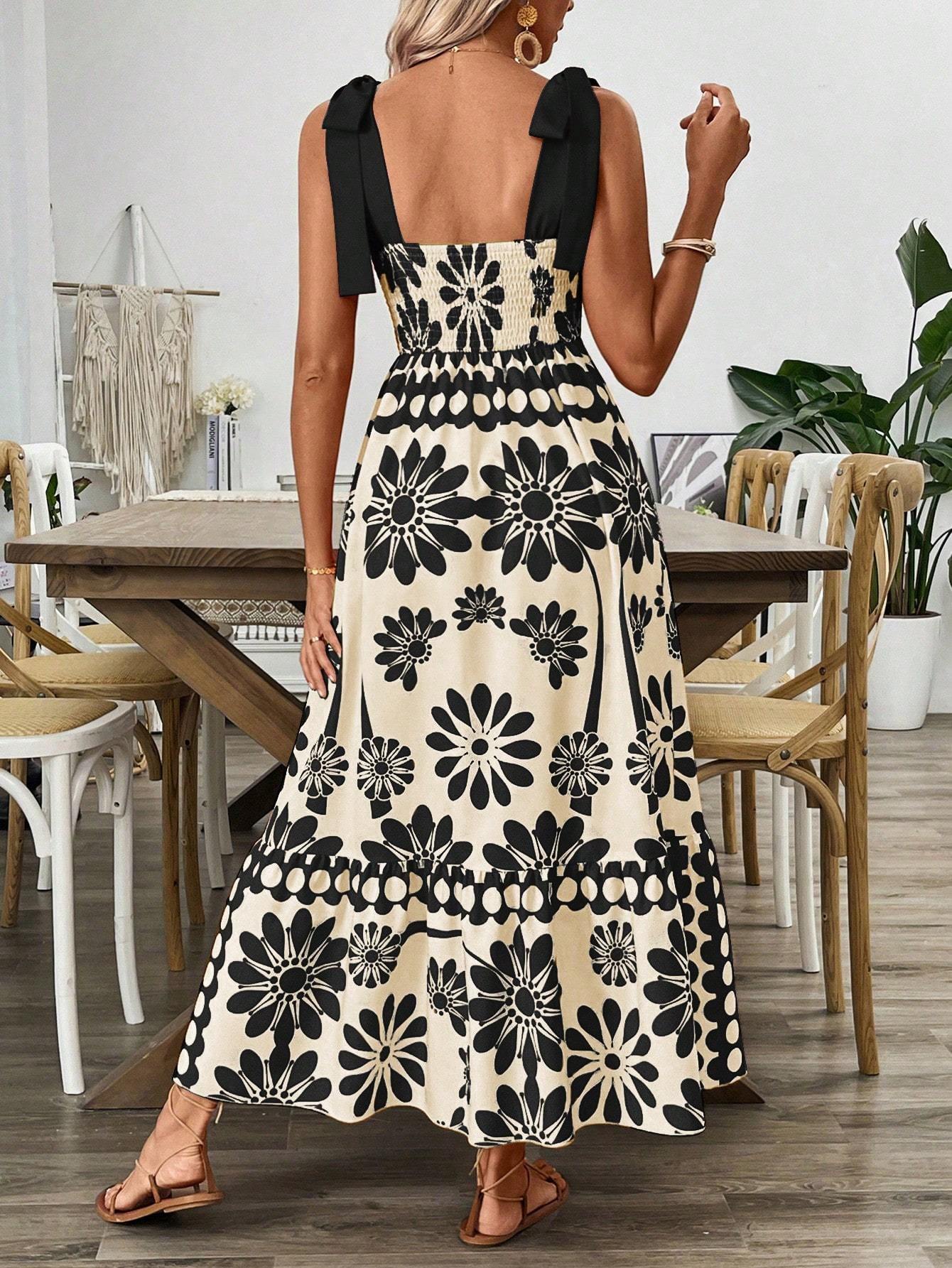 Casual Floral Print Shoulder Tie Waist Suspender Dress - Sophinity