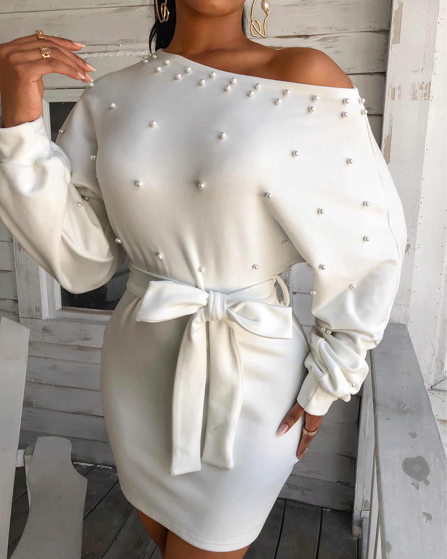 Beaded Slim Belt Slim Long Sleeve Solid Color Ladies Dress - Sophinity