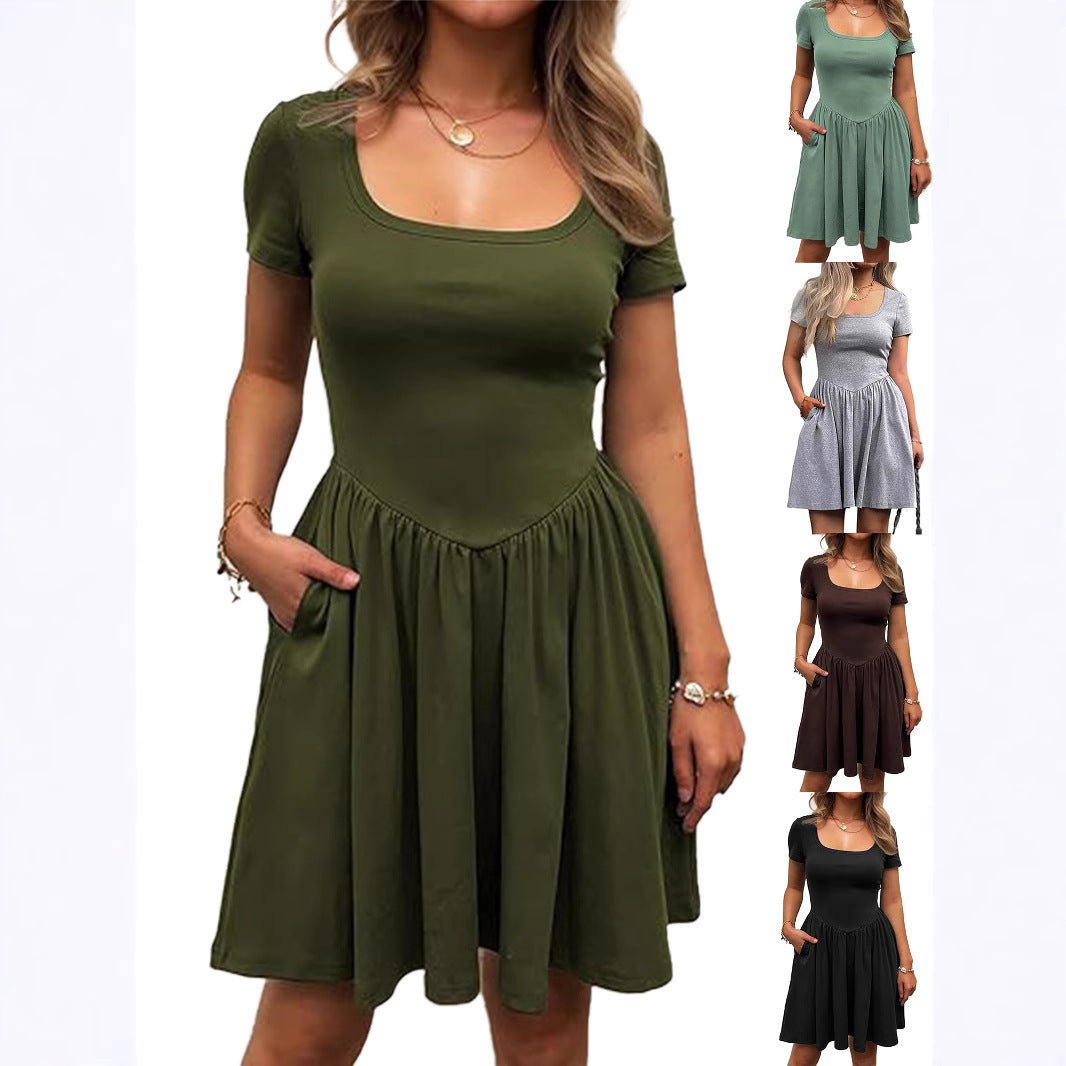 Short Sleeve Square Collar Elegant Women's Slim Fit Pure Color Slimming Dress - Sophinity