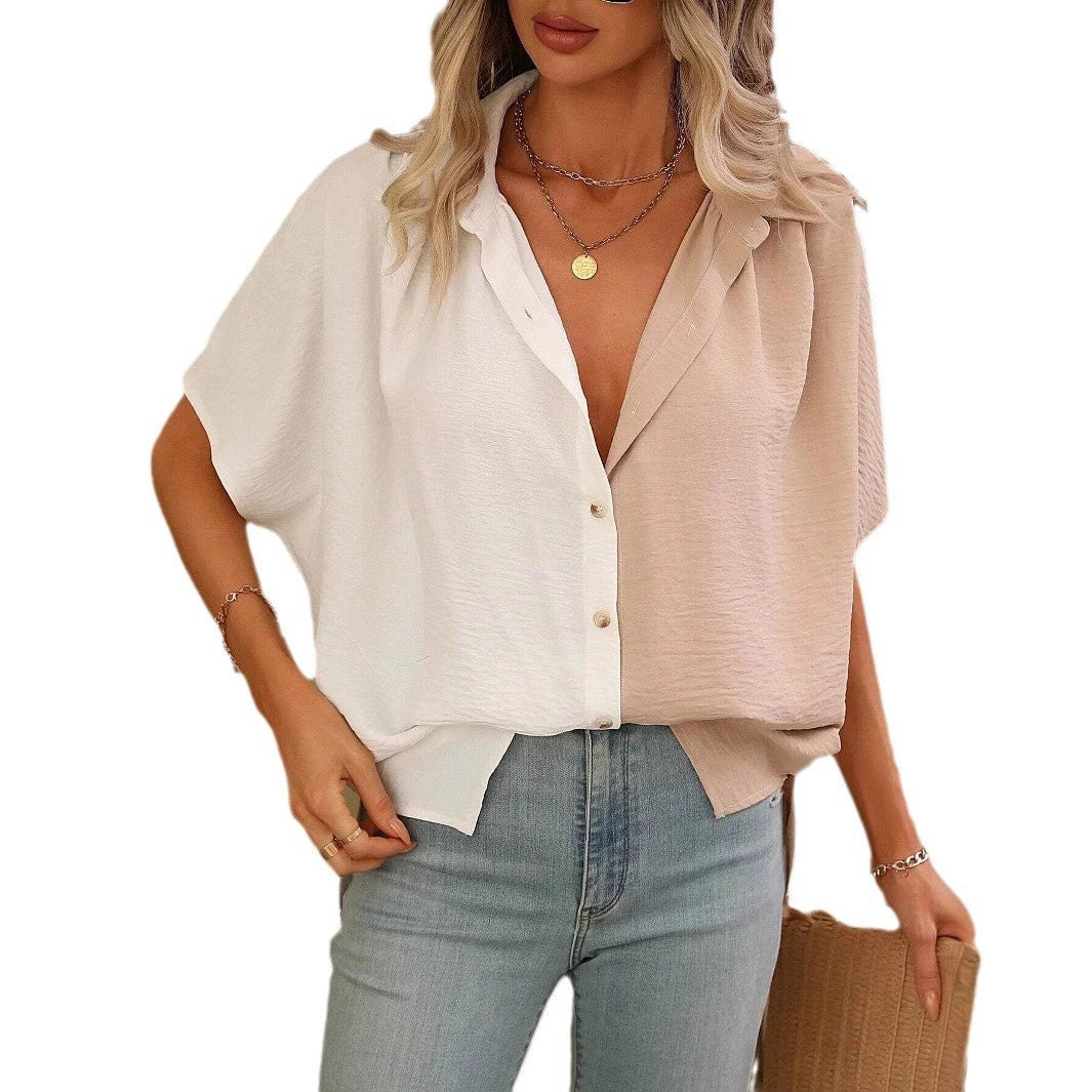 Design Lapel Single Breasted Loose Short Sleeve Split Shirt Top - Sophinity