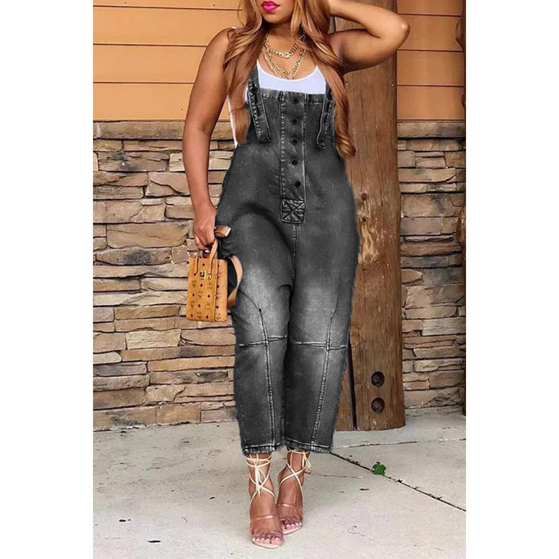 Stylish woman in casual fashion jeans overalls featuring a button front and relaxed fit