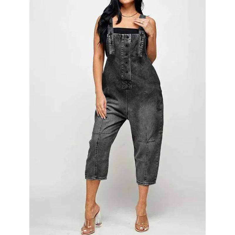 Stylish black casual fashion jeans overalls with a fitted design and adjustable straps