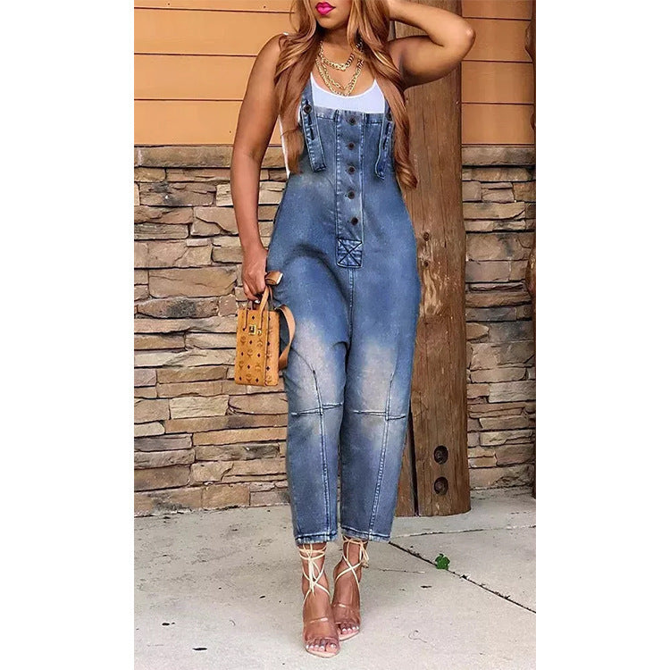 Stylish casual fashion jeans overalls in blue denim with a fitted design and buttons