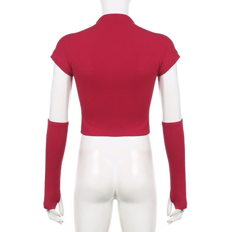 Red cropped t-shirt with cat print design, featuring stylish long sleeves for a trendy look