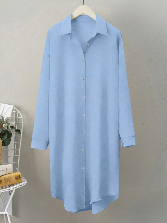 Pleated Long Button Down Dropped Shoulder Women Shirt - Sophinity