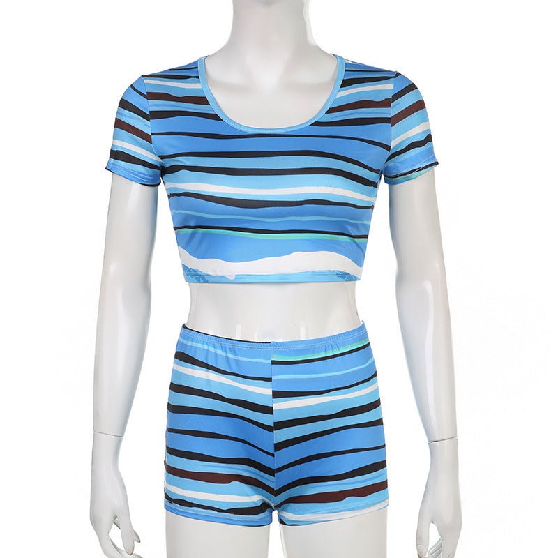 European And American Style Casual Women's Wear Striped Printed Contrast Color Round Neck Top And Shorts Suit - Sophinity