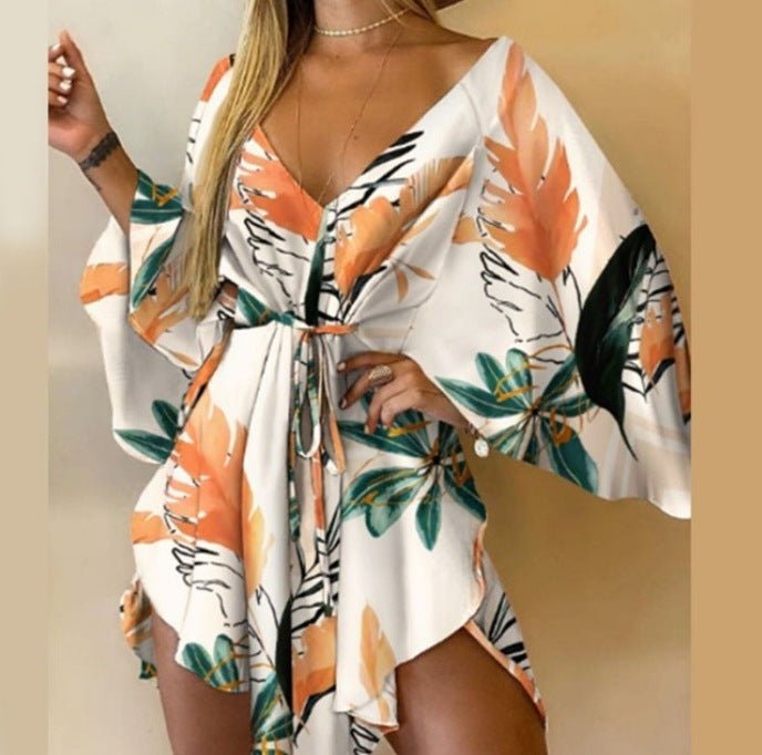 Autumn V - neck Irregular Batwing Sleeve Lace - up Dress - Sophinity