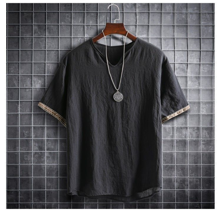 Vintage Linen V - Neck Short Sleeve T-Shirt Running Volume - Sophinity