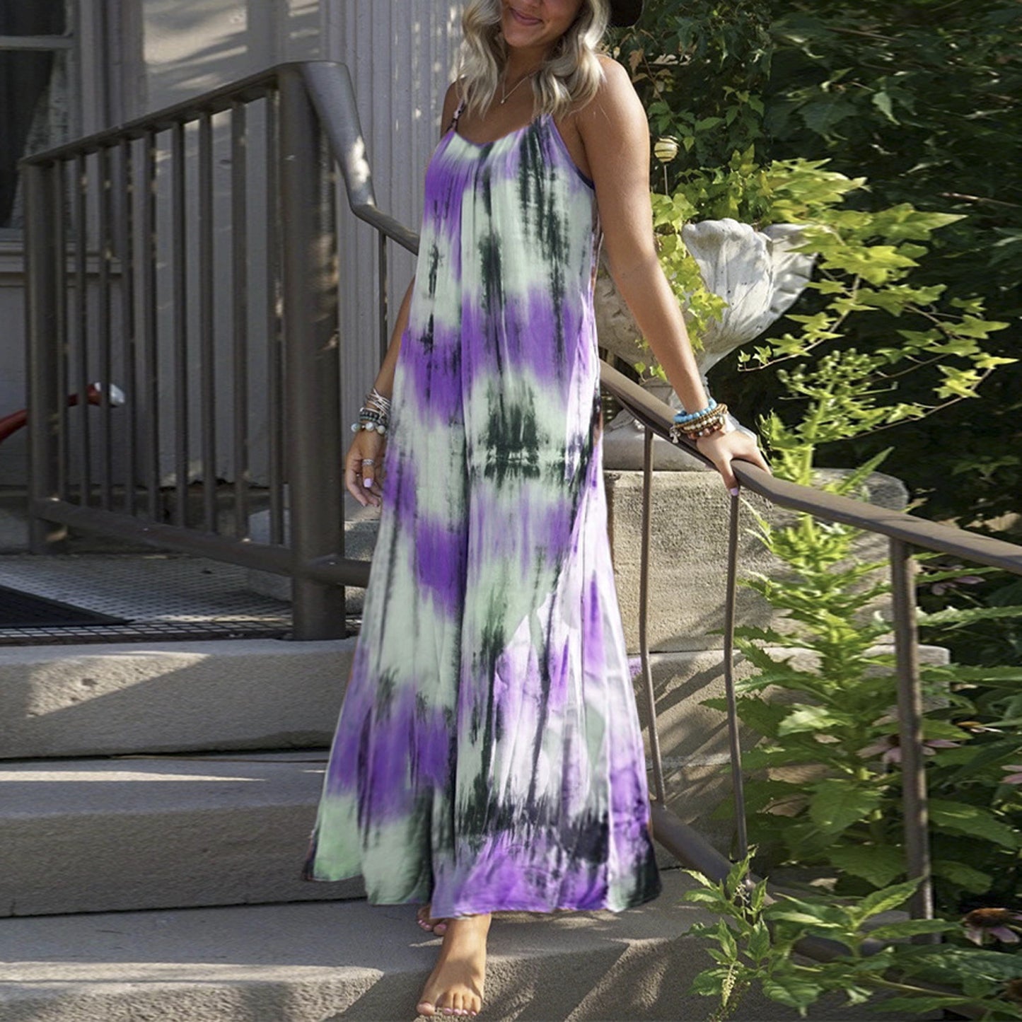 European And American Tie - dye Striped Printing Slip Plus Size Dress - Sophinity
