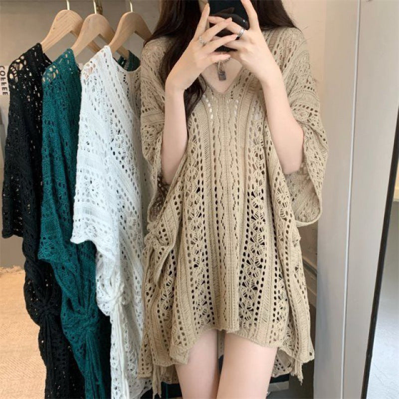 Chic loose smock top in beige with intricate lace detailing, also available in black, green, and white