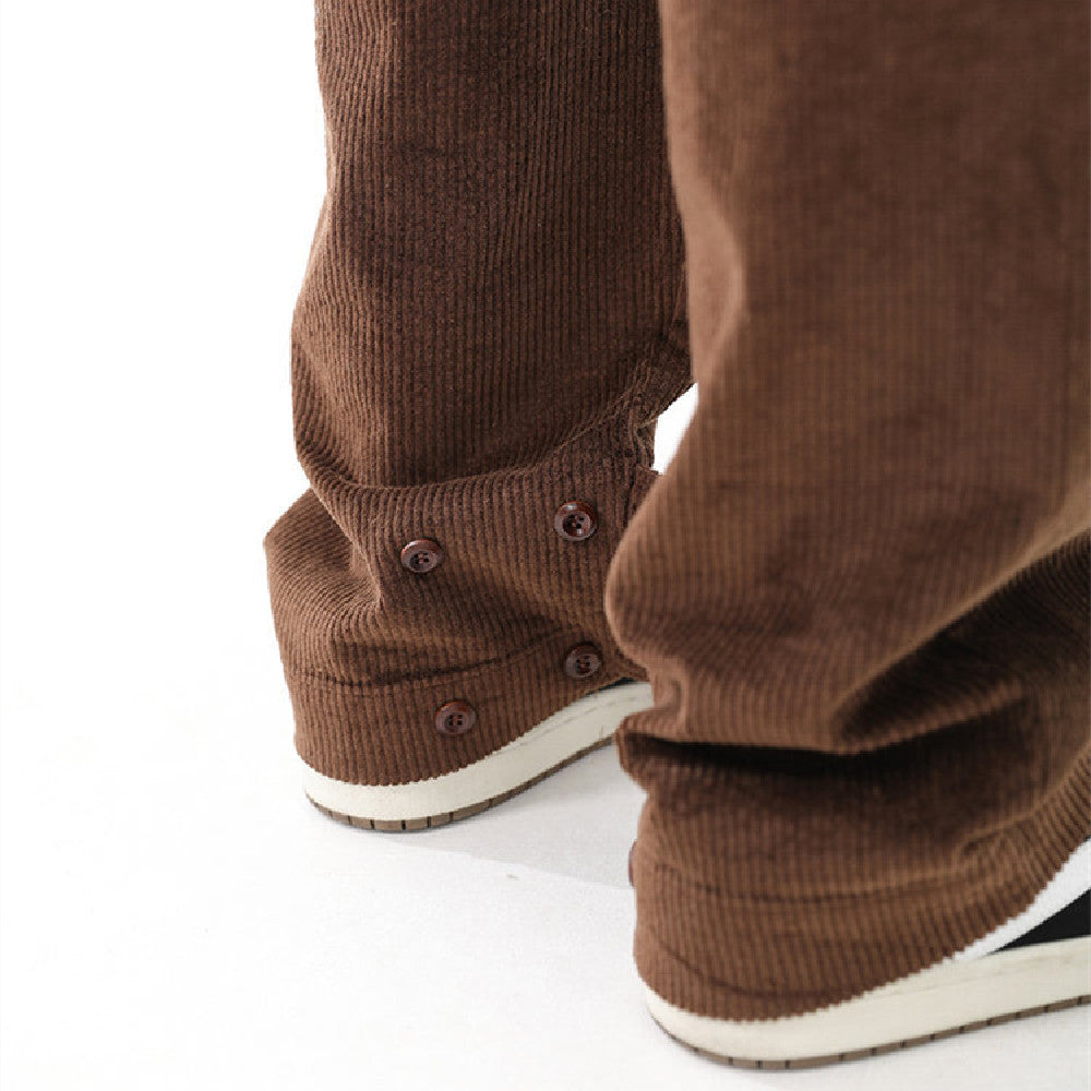 Casual brown corduroy China-Chic streetwear pants featuring unique button details