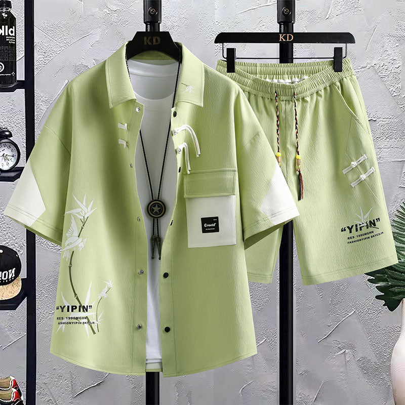 New Chinese Style National Style Suit Men's Summer Short Sleeve Shirt Shorts Wear A Set Of Casual Sports Clothes - Sophinity