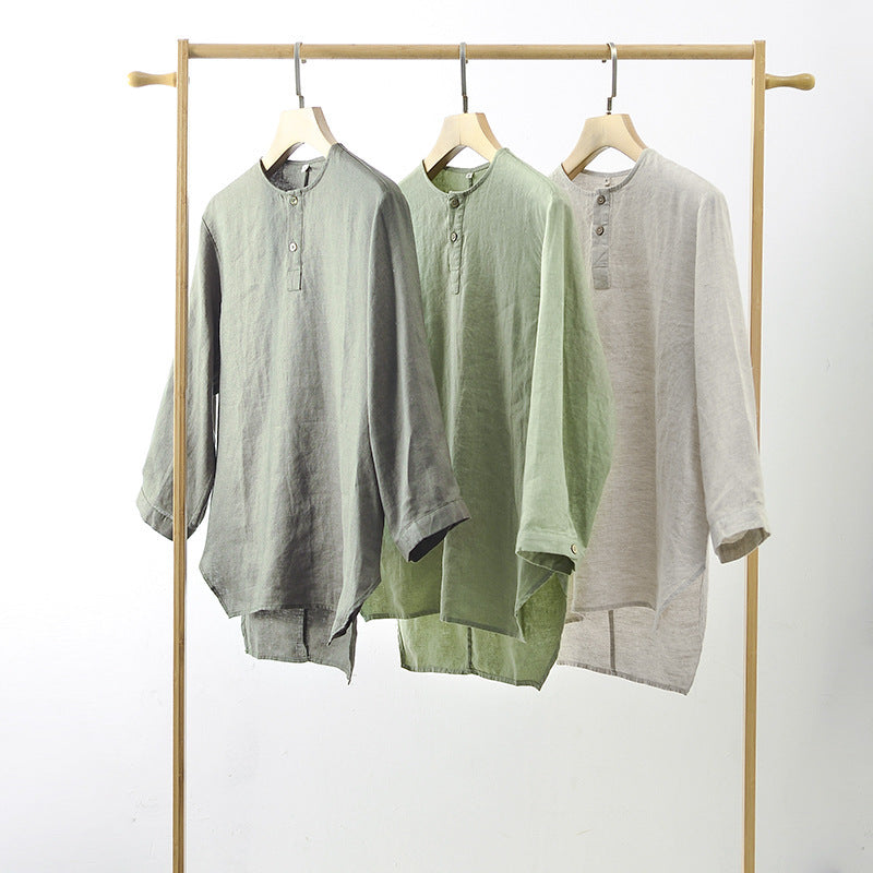 Casual Linen Men's Simple Round Neck 34 Sleeves Linen T-shirt Loose Breathable Top - Sophinity