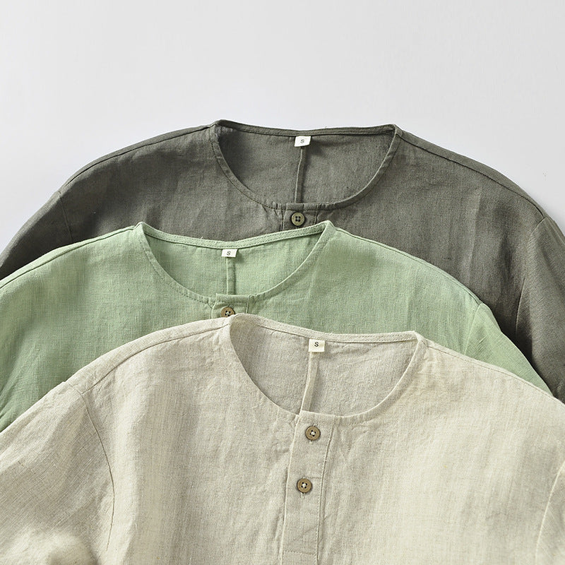 Casual Linen Men's Simple Round Neck 34 Sleeves Linen T-shirt Loose Breathable Top - Sophinity