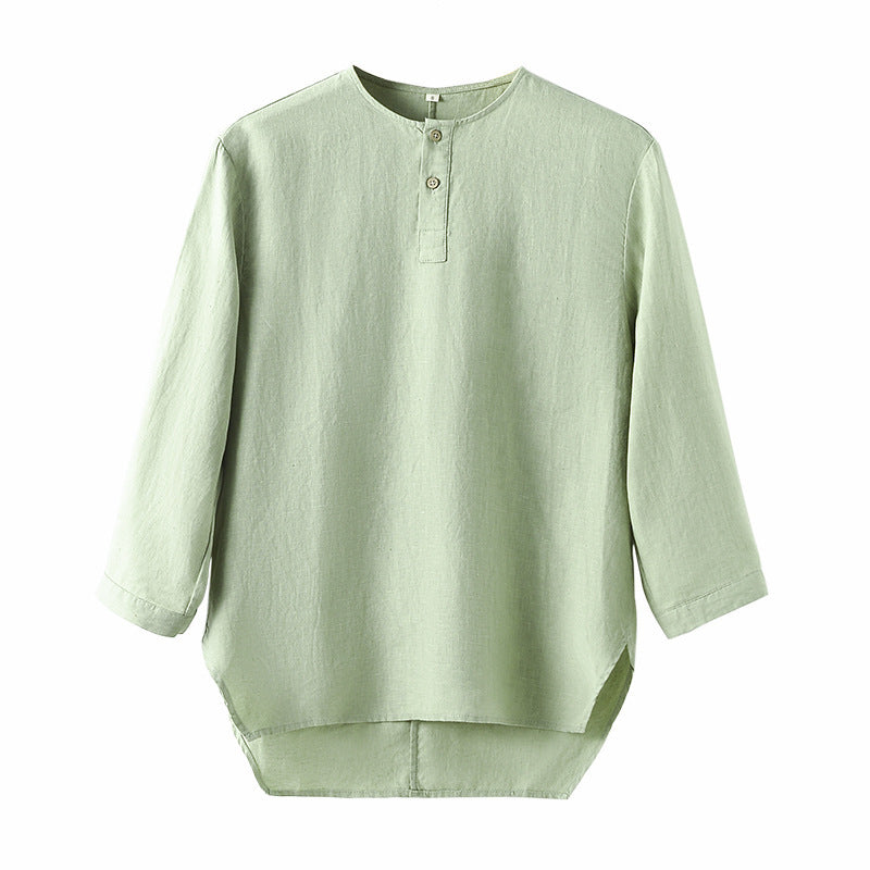 Casual Linen Men's Simple Round Neck 34 Sleeves Linen T-shirt Loose Breathable Top - Sophinity